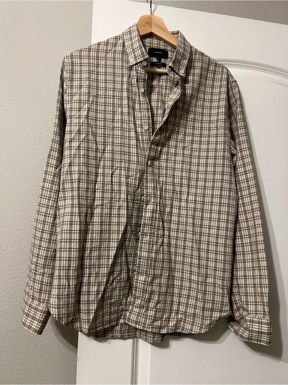 Vince Men's Plaid Button-Down Shirt in Olive & Cream